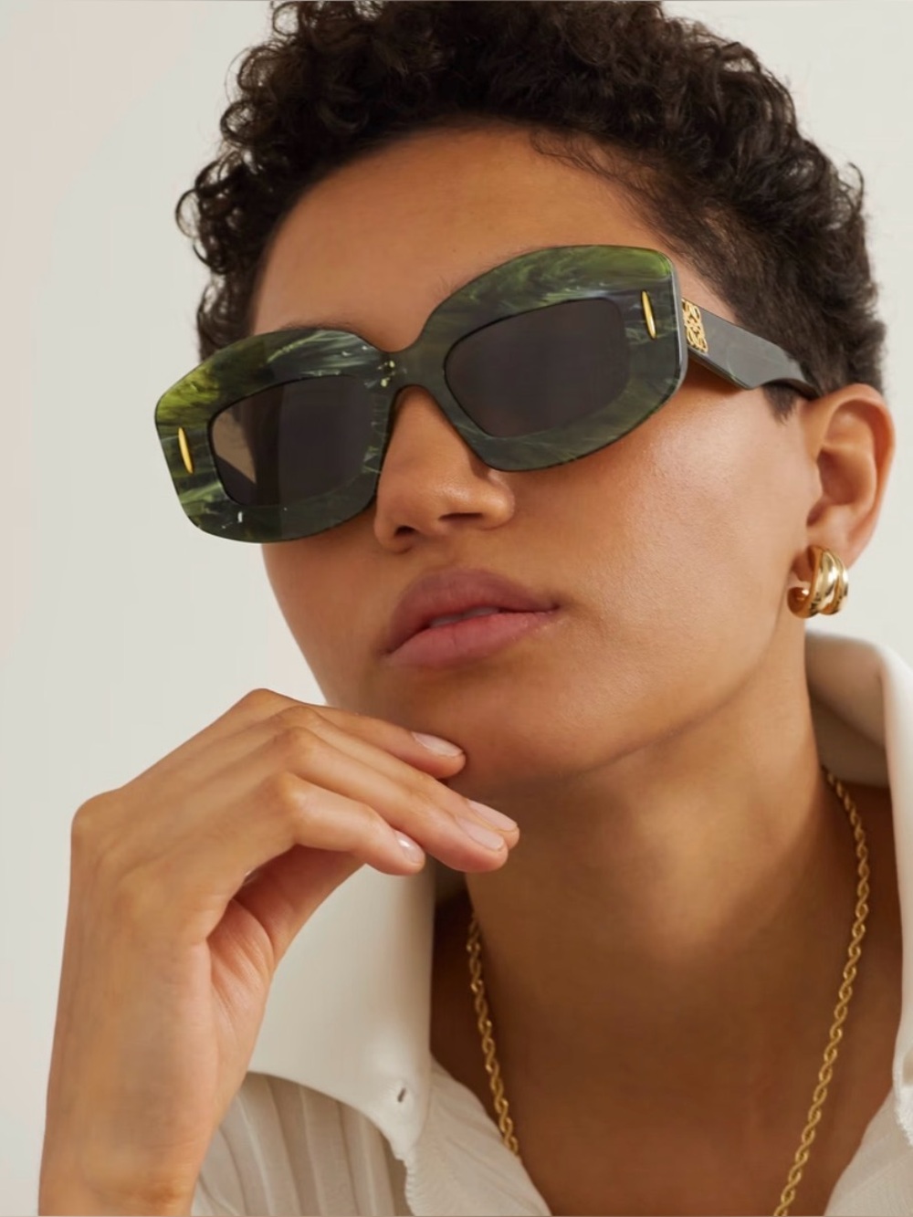 Loewe Marbled Green Geometric Sunglasses with Gold Accents